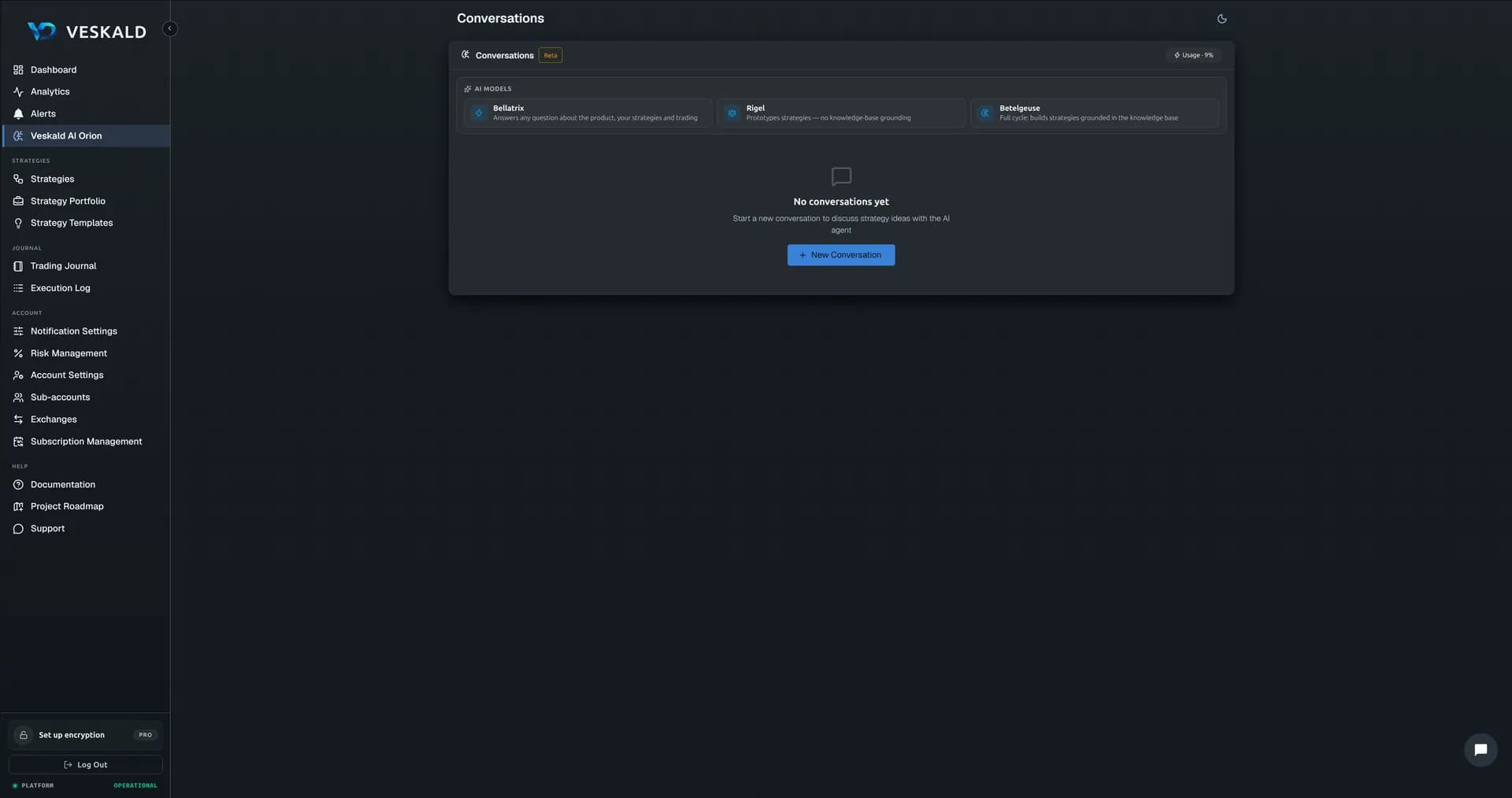 Veskald platform — strategy builder, backtest, portfolio, journal, risk management — view 5 of 13