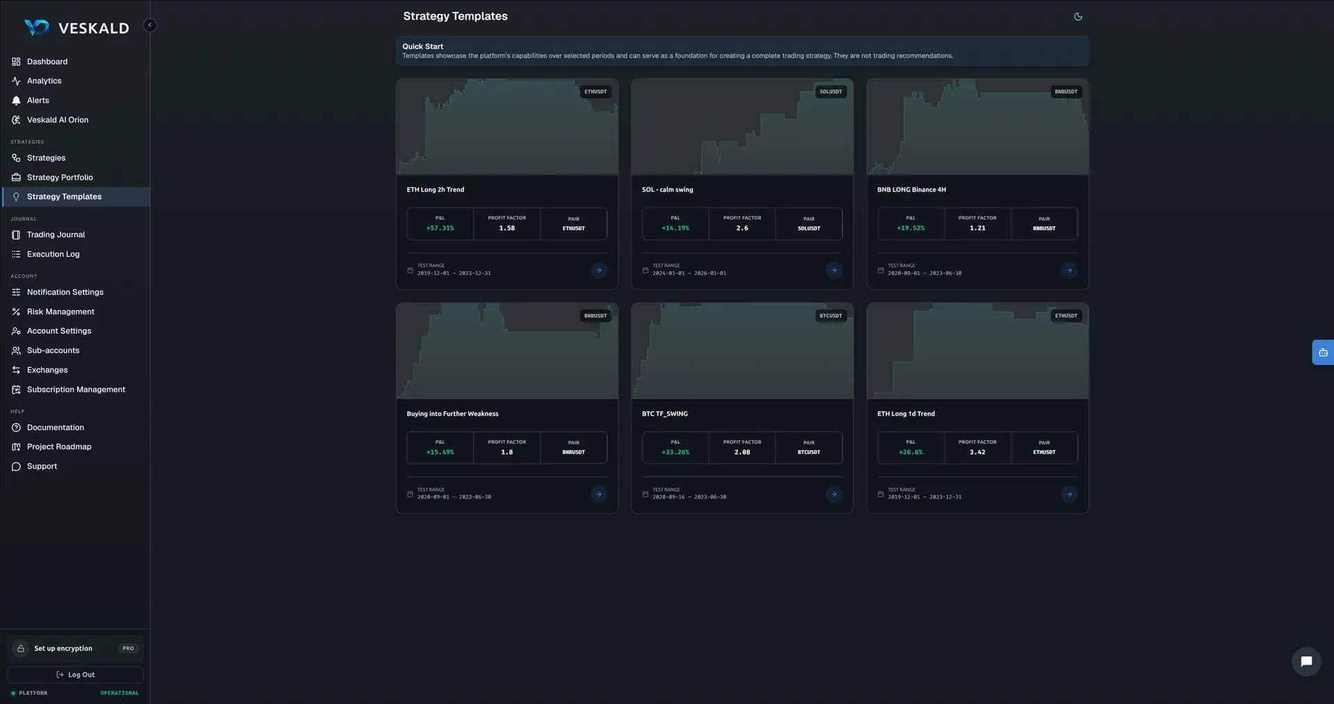 Veskald platform — strategy builder, backtest, portfolio, journal, risk management — view 7 of 13
