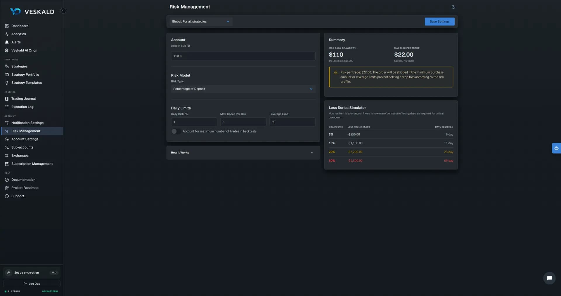 Veskald risk management calculator and position sizing tools — view 1 of 3