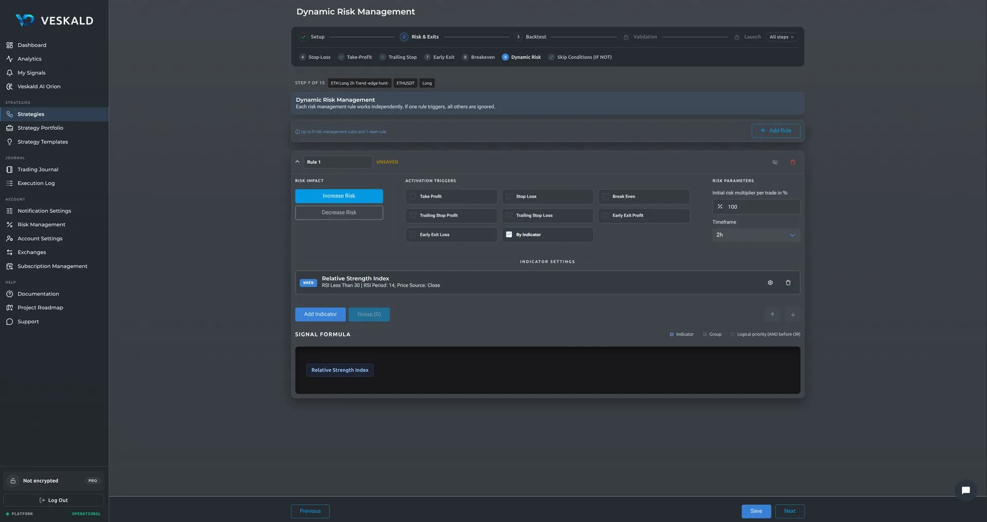 Veskald no-code strategy builder — 10-step wizard for crypto trading bots — view 10 of 13