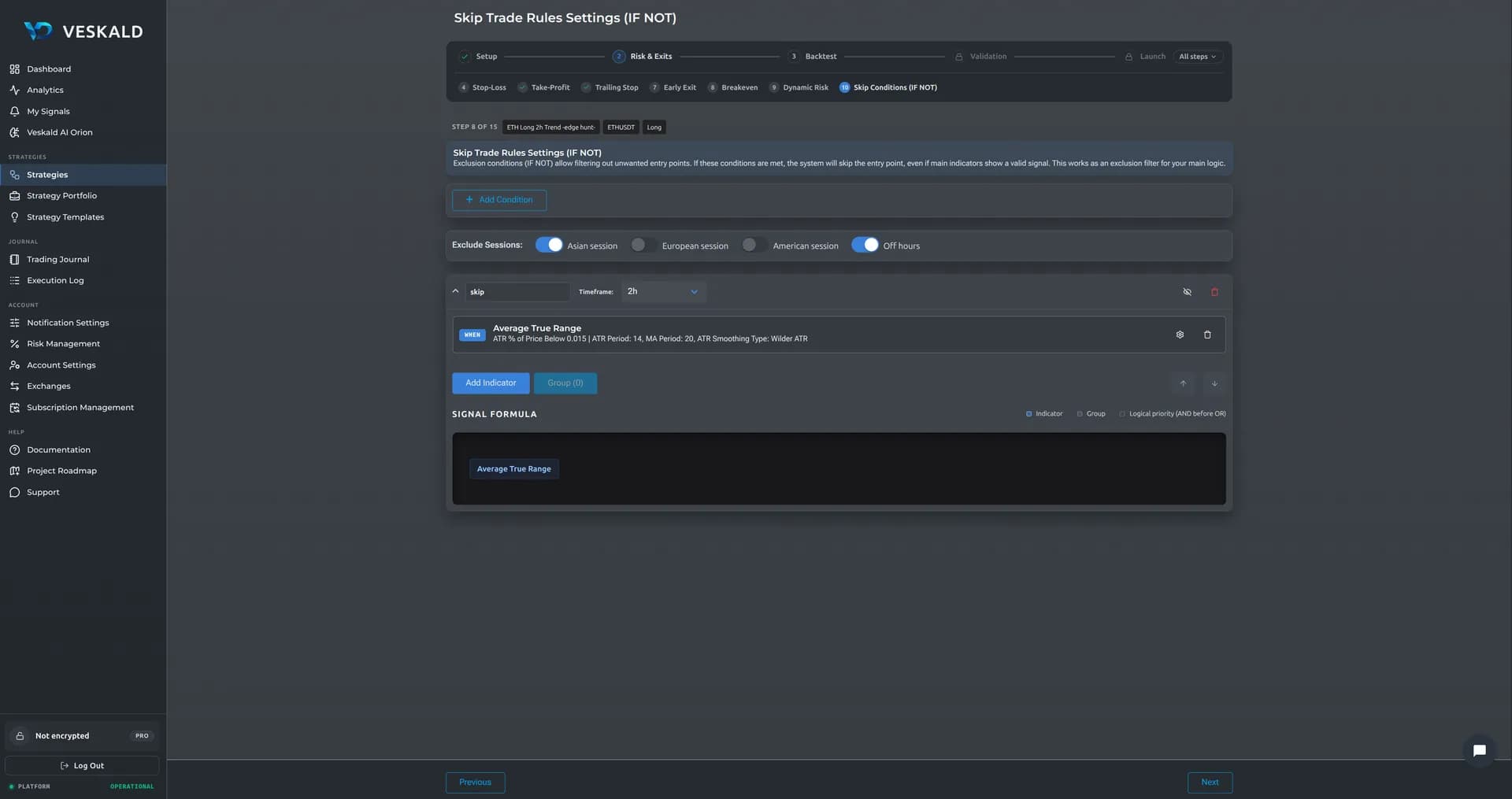 Veskald no-code strategy builder — 10-step wizard for crypto trading bots — view 12 of 13