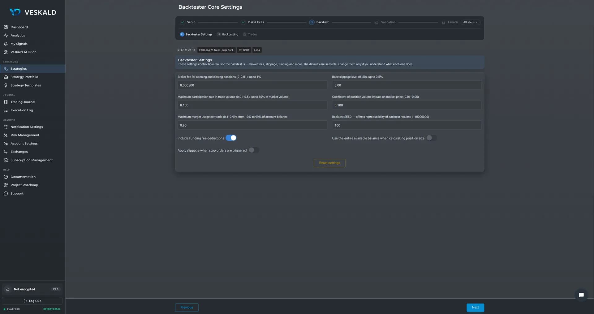 Veskald no-code strategy builder — 10-step wizard for crypto trading bots — view 13 of 13