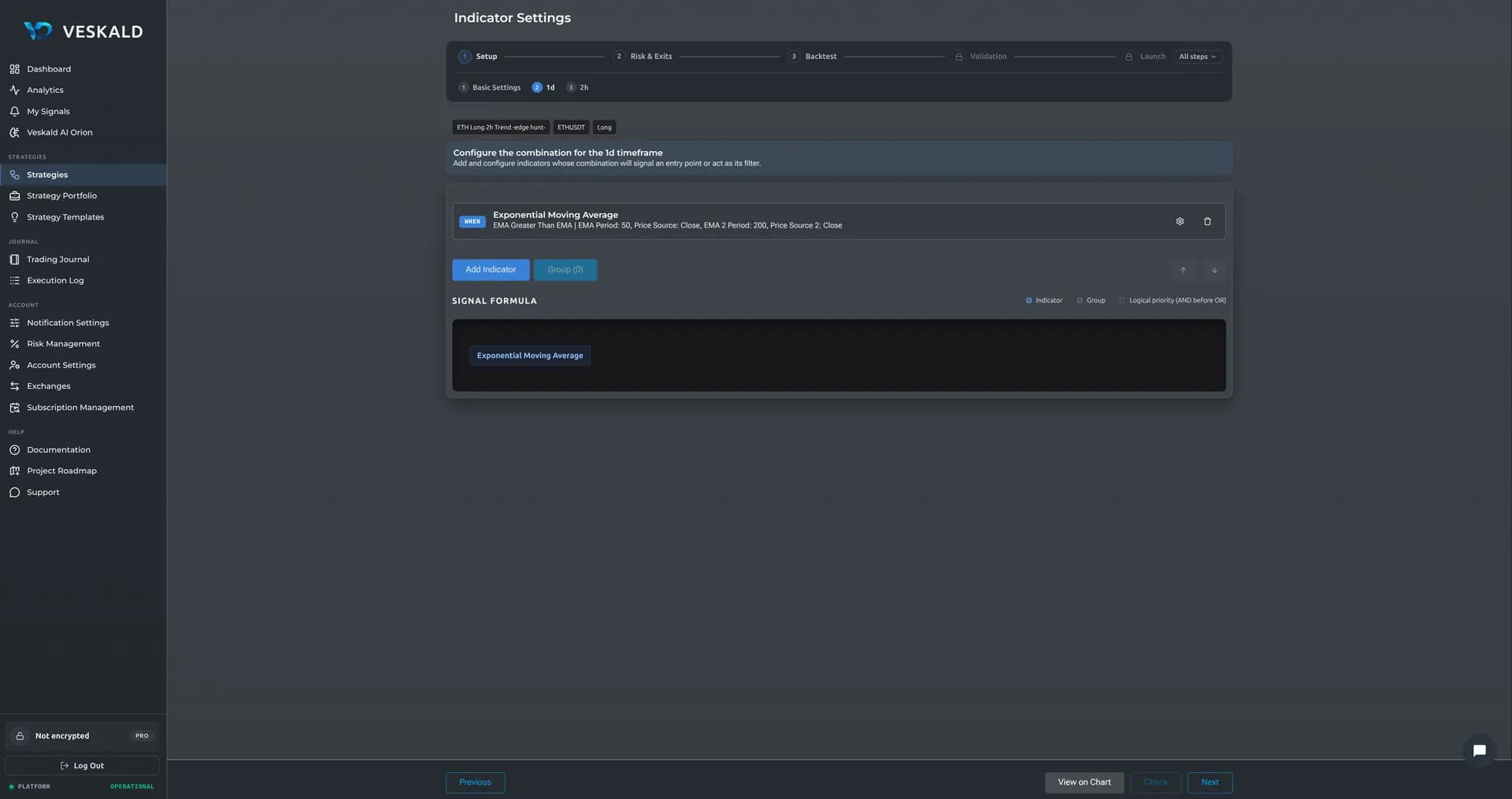 Veskald no-code strategy builder — 10-step wizard for crypto trading bots — view 2 of 13