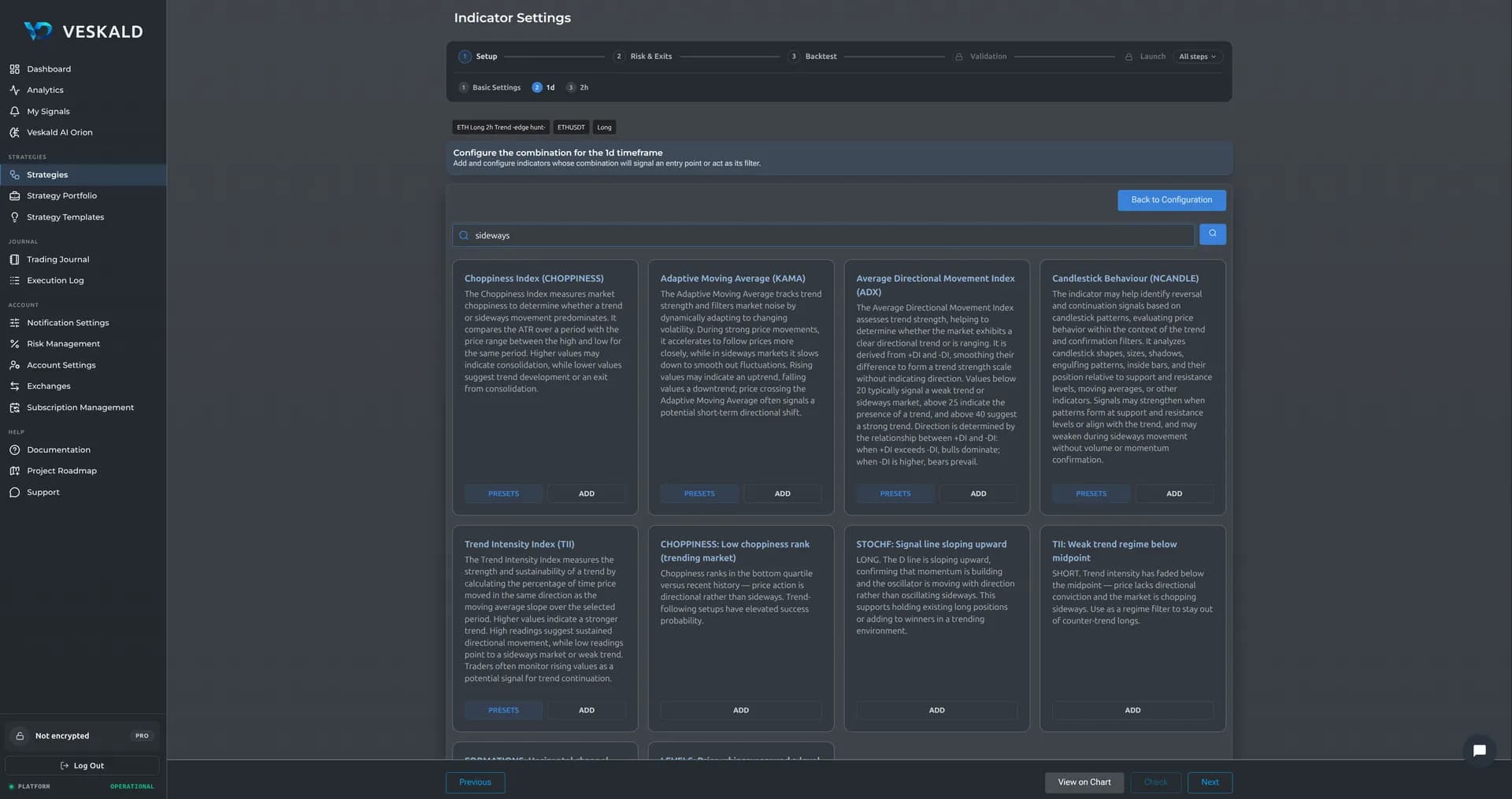 Veskald no-code strategy builder — 10-step wizard for crypto trading bots — view 3 of 13