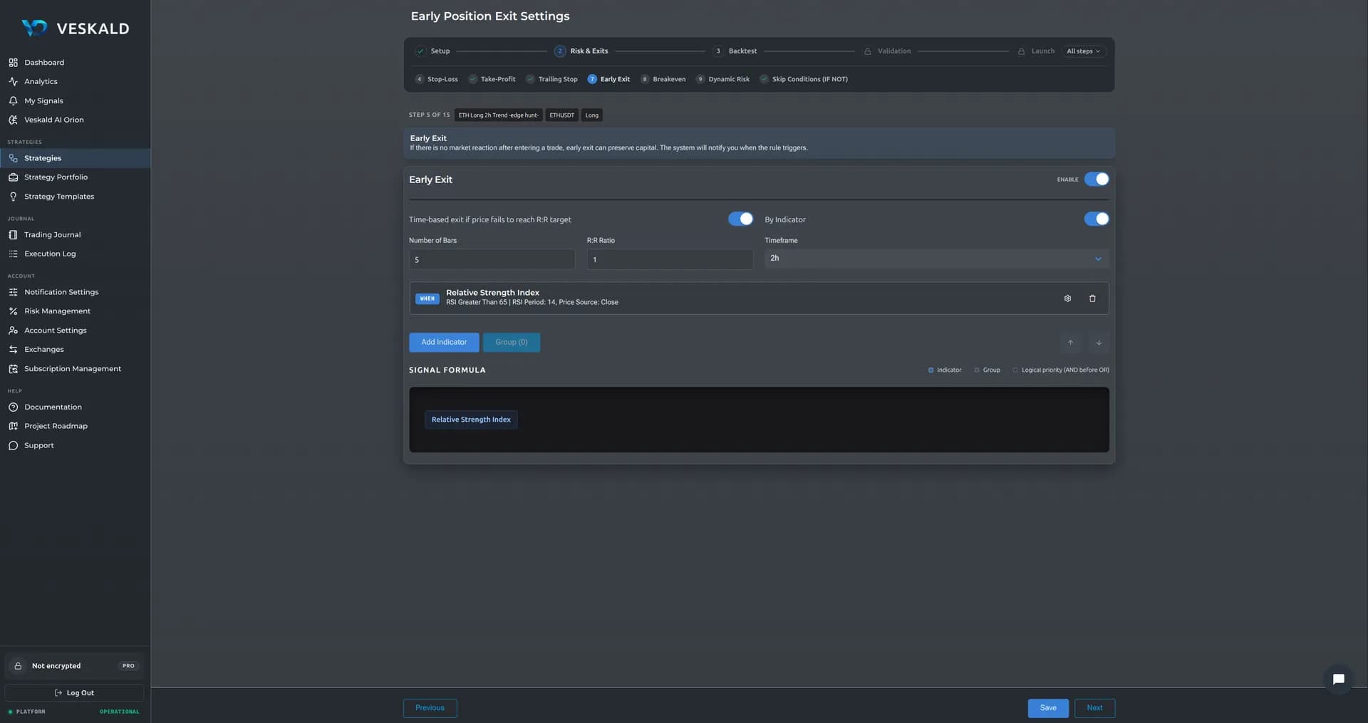Veskald no-code strategy builder — 10-step wizard for crypto trading bots — view 8 of 13